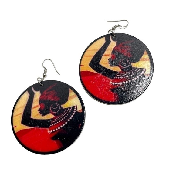 African Woman Silhouette Wooden Dangle Earrings Circle‎ Print Earrings - Picture 3 of 4